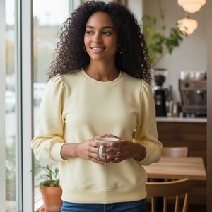 INC BUTTERY YELLOW PUFF SLEEVE 3/4 LENGTH SLEEVE RIB KNIT CASUAL TOP SIZE XL